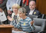 Marianne Turnbull sits at the testifiers' table and speaks to someone out of view while gesturing with her hands. Barbara Coombs Lee and Representative Freiberg sit next to her and watch as she speaks.